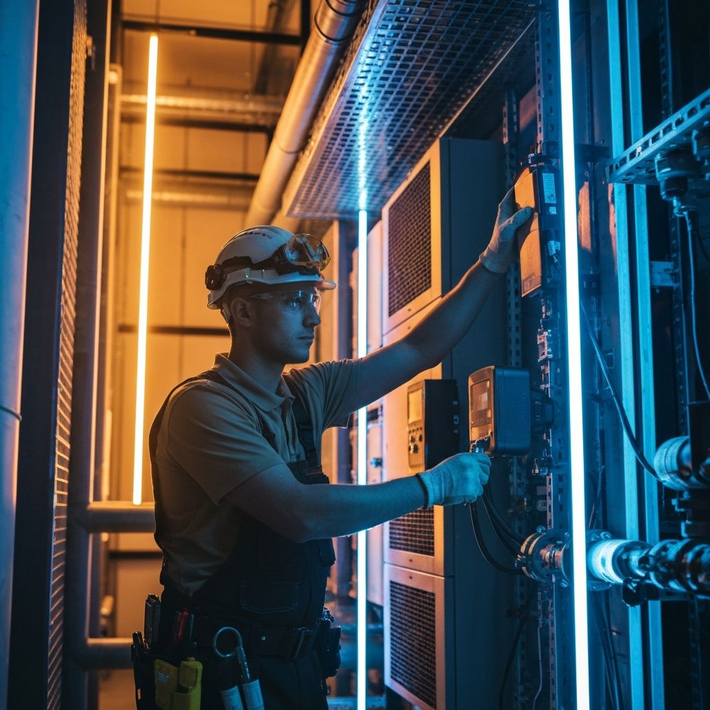 Kältetechniker bei der Arbeit an einer modernen Klimaanlage